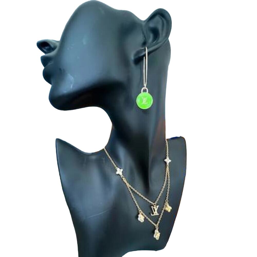 Louis Vuitton LV Gold & Lime Green Charms on Fish Hook Style Earrings (LVXX027)